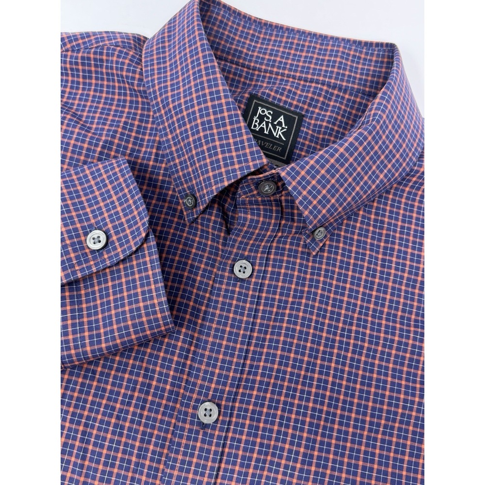 Jos A Bank Traveler Travel Tech Slim Fit Sz XL Blue/Orange Plaid Long Sleeve G9